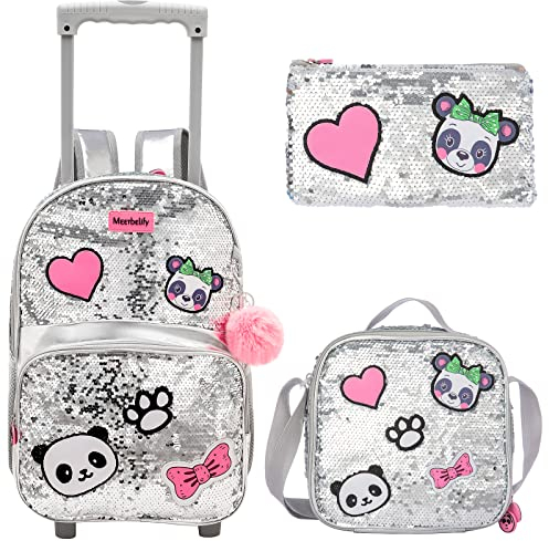 Egchescebo Mochilas Escolares con Ruedas Carro Niña Carta Panda de Cuentas Mochila Carrito para Trolley Escolar Bolso de Viaje Estuche Stitch Mujer Maleta Colegio Medianas Infantil Niñas 16” Plata