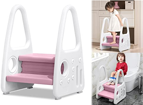 LARS360 Kinder Tritthocker Lernturm Tritthocker Schemel Stehender mit 2 Stufen Pyramiden Struktur Sicherheit Kinderschemel für 2-5 Jahre 45 x 39,5 x 61 cm (Rosa)