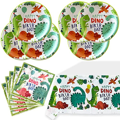 OULUN Dinosaur Birthday Party Supplies, 20 Plates, 20 Napkins, Tablecloth for Dinosaur Theme Parties