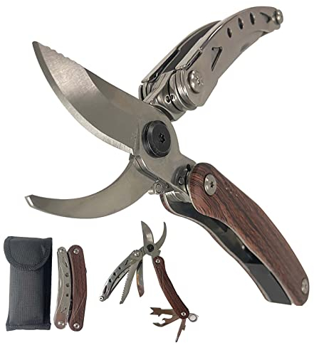 Sécateur de Jardin Lame franche en Acier, 7 en 1 Multifonction Ciseaux à Fleurs Coupe Bypass Bois Sec pour les plantes et le bois frais, avec Scie,Cutter, Pelle d'écorce et Verrouillage de Sécurité
