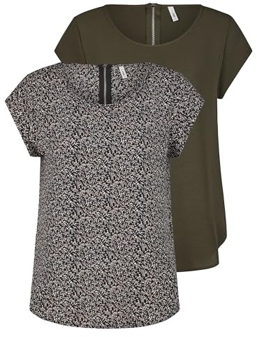 ONLY Tshirt Damen Regular Fit ONLVIC 2er Pack Rundhals Kurzarm Bluse Top | Sommer Basic Muster Einfarbig Weiß Schwarz Grün Rose Blau 34 36 38 40 42 44