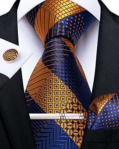 DiBanGu Herren Seidenkrawatten-Set, gestreift, kariert, Krawatte, Einstecktuch, Manschettenknöpfe und Krawattenklammer, Set für Business, Hochzeit, Party, Blau / Braun, Einheitsgröße