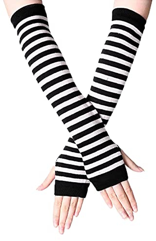 B-HOT Warme fingerlose Handschuhe, dehnbar, gestrickt, Daumenloch, Sonnenschutz, lange Arme, gestreift, weiß / schwarz, Einheitsgröße