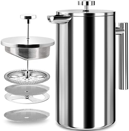 KICHLY Cafetière à piston en acier inoxydable - Machine à expresso et à thé portable avec triple filtre - Verre résistant à la chaleur avec piston en acier - 12Oz (0,35 Liter) - argenté