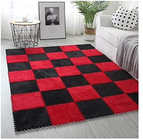 Weiche Ineinandergreifende Teppichfliesen, Quadratisches Plüsch-Schaumstoff-Fußmatten-Set, Flauschige Puzzle-Teppiche, 0,4 Zoll Dick, 30 X 30 cm – 9 Fliesen(Color:Rot+Schwarz)