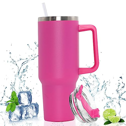 Doppelwandiger Edelstahl Vakuum Isolierbecher 40oz 1200ml Tragbare Autobecher Becher Tumbler mit Griff und Strohhalm Kaffeebecher Autobecher Reisebecher Thermobecher Für Kalte Heiße Getränke (Rose)