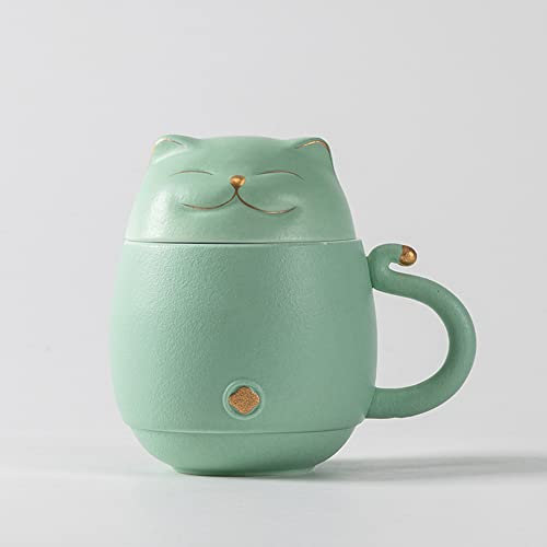 Oriarm Ceramic Tea Cup with Infuser and Lid, Lucky Cat Mugs Set with Travel Case, Chinese Tea Cup with Filter for Steeping Loose Leaf (Light Green)