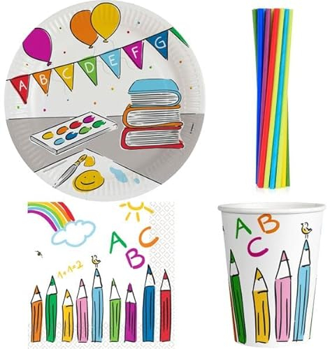 Party Deko Set Einschulung Einweggeschirr Schulanfang Partyset Dekoration Schule bunt Teller Becher Servietten 76 TLG.