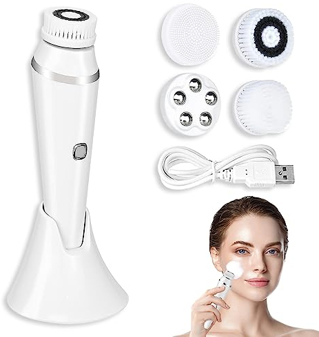 BNGXR Brosse Nettoyante Visage Electrique, Rechargeable Brosse Visage Rotative avec 4 Brosses Etanche Nettoyante Visage Appareil Nettoyeur de pores électrique, Exfoliation Douce (Blanc)