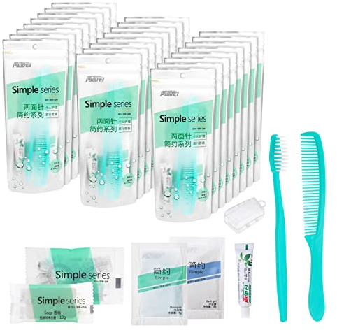 Reise-Toilettenartikel, einzeln verpackt, Reise-Toilettenartikel-Set mit Zahnbürste, Zahnpasta, Kamm, Shampoo, Duschgel, Duschhaube und Seife, geeignet für Hotels, Camping und Reisen, grün, 20 sets