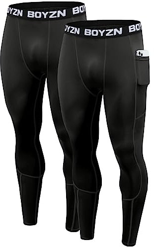 Boyzn 2er Pack Kompressionshose Herren, Sport Leggings Atmungsaktiv Fitness Strumpfhosen Funktionswäsche Pants Unterhose Lang für Laufen Wandern Radfahren 2P-Black(Pocket)-L