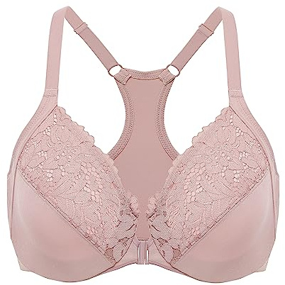 DELIMIRA Femme Soutien Gorge Fermeture Devant Dos Nageur Grande Taille avec Armature Dentelle Emboitant Rose fumée 100G