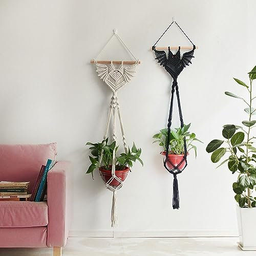 DAZZLEEX Macrame Plant Hangers, Bat Pattern Basket Cotton Rope Hanging Plante Holder Wall Flower Pots Home Decoration(Black short)