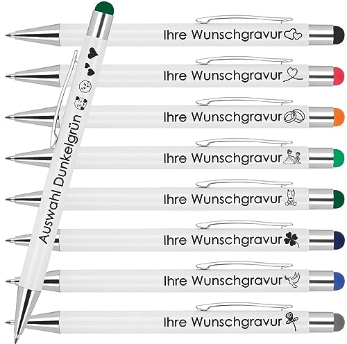 Kugelschreiber mit Wunschgravur | Werbekugelschreiber Personalisiert | Schreiben & Touchfunktion | Gummierter Oberfläche | Wunschsmbol Laser-Gravur 25 Stück Dunkelgrün