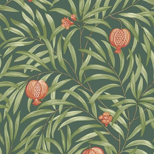 Pomegranate Dark Green Orange Wallpaper - Leaves Botanical Tropical Modern Contemporary - Stylish Feature Wall