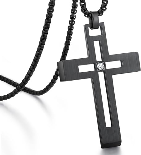 Jiahanzb Kreuz Kette Edelstahl 316L Großes Halskette Herren Kreuz Anhänger Jesus Religiöser Christus Schmuck Geschenk für Männer Damen Kette mit 22 Zoll Schwarze