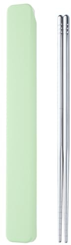 1 Pair Portable Chopsticks with Pull Design Case, Reusable Metal Stainless Steel Chopstick Travel Utensil for School Home Office Outdoor Camp Bento Box Use, Dishwasher Safe (Green)