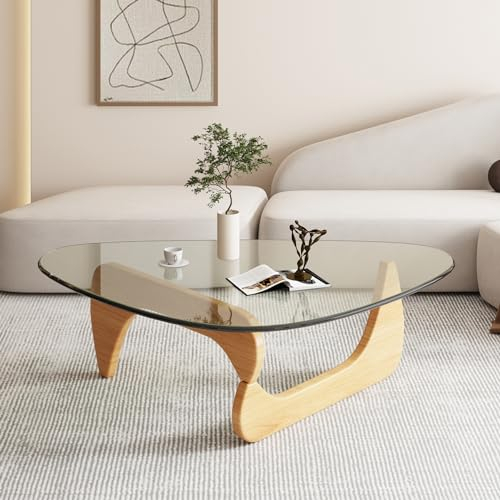 PRITIY Table Basse Triangulaire en Verre, Table de Salon avec Cadre en Bois Solide pour Canapé et Chambre à Coucher (Bois Original + Transparent, 82 x 57 x 40 cm) LK004