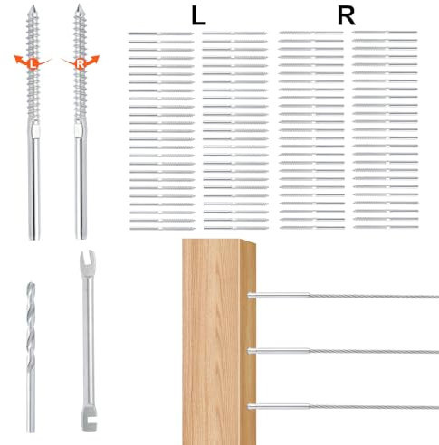 VEVOR Bornes de raccord d'extrémité de tension pour garde-corps de câble 1/8 lot de 102 acier inoxydable T316, tendeur de garde-corps de câble 1/8 pour poteau de garde-corps en bois, métal, argent