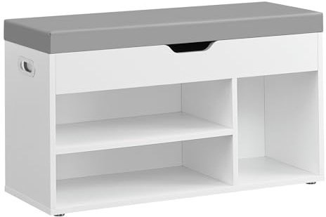VASAGLE Schuhbank mit Sitzfläche, Sitzbank mit Stauraum, gepolstert, Fach unter Sitzkissen, Schuhregal Wohnzimmer, Flur, bis 136 kg belastbar, 30 x 80 x 44 cm, wolkenweiß-Taubengrau LHS030W01