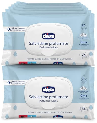 Chicco Neugeborenen-Baby-Mehrzweck-Reinigungstücher mit Plaquette, alkoholfrei, parfümiert, für empfindliche Haut geeignet, Multipack mit 864 Tüchern, 12 Packungen mit 72 Tüchern