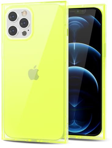 Svanove for iPhone 12 Pro Max Clear Case Square Rectangle Edge, Transparent Aesthetic Trendy Girly Neon Bright Silicone Rubber Phone Case for Women, Thin Slim TPU Bumper Protective Cover, Neon Green