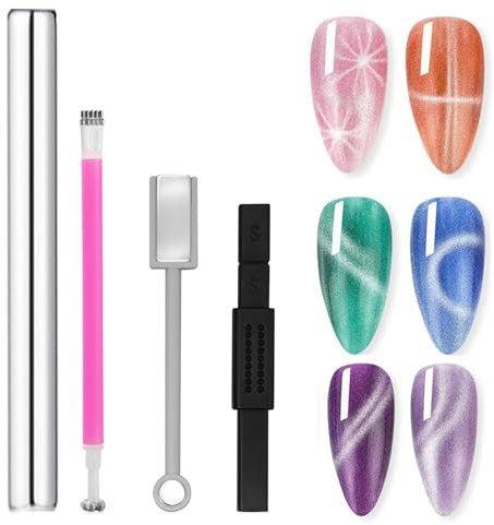 4Pcs Cat Eye Magnetic Nail Polish Kit,Nail Magnets Cateye for Nails Art, Double-Head Nail Magnetic Cat Eye Gel Nail Polish Magnet Wand Strong Suction Board Nail Manicure Tool Set for Nail DIY Salons.