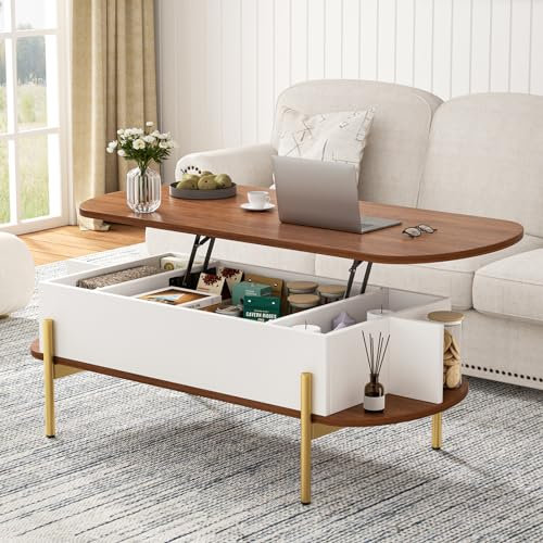 ALLSTAND 48 Oval Lift Coffee Table with Storage Metal Legs & Large Hidden Compartment