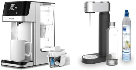Philips Wasser Station, Spender für gefiltertes heißes Wasser, 2.2 L Fassungsvermögen, 6 Temperaturvoreinstellungen, Touchscreen & ADD4902BK/10 GoZero Wassersprudler, Plastik, 1 Liter, Schwarz
