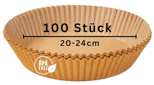 HANAA Backpapier für Heißluftfritteuse 100 Stück, Rund 20-24 cm, 4,5-7,3L, Airfryer Backpapier, Einsatz für Heißluftfritteuse, Air fryer baking paper, Heißluftfritteuse Zubehör