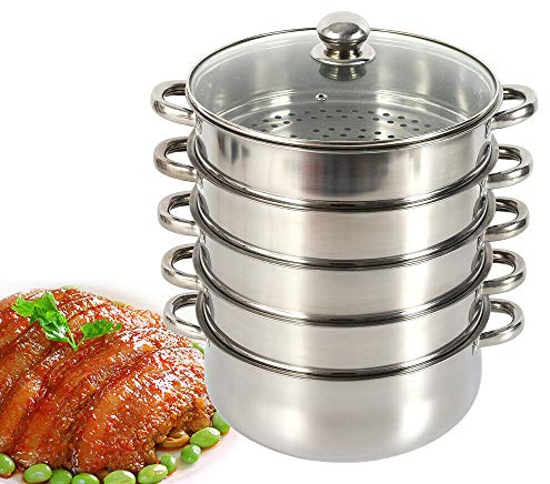 Dampfgarer Edelstahl 28cm 5 Etagen Dampfkocher Gemüse Kartoffeldämpfer mit Dampfeinsatz und Zwei Griffe Stapelbar, Glasdeckel für Gasherden, Induktionsherden und Keramikherden Kompatibel