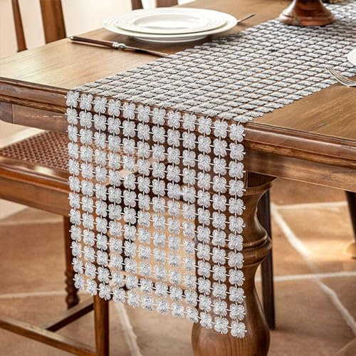 Ueiwffzo Tischläufer Spitze mit 3D Hohle Blumen Muster, Tischläufer Makramee Tischdecken Boho Hochzeit Tischdecke Vintage Tischdeko Tablerunner für Küche Essen Urlaub Party (Grau,33 * 120cm)