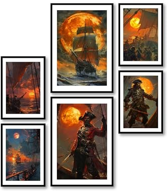 MJ-GRAPHICS® Poster Set Piraten Junge Gamer & Jugendzimmer Bilder Kinderzimmer Piraten Abenteuer Poster Gaming Zimmer Deko 2xA2 4xA3 Bilder Pirat Flagge Piraten Wanddeko Deko Bilder ohne Rahmen