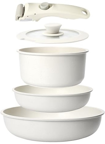 GiPP Pots and Pans Set Non Stick,5PCS Cookware Sets Nonstick Detachable Handle,Induction Kitchen Set Removable Handle,RV Cookware Set,Oven Safe(White,5PCS