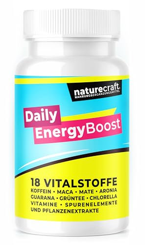 Daily EnergyBoost Nahrungsergänzungsmittel - 18 Vitalstoffe wie Koffeein, Maca, Mate, Aronia, Guarana, Grüntee, Chlorella, Vitamine, Spurenelemente und Pflanzenextrakte - vegan - 30 Kapseln