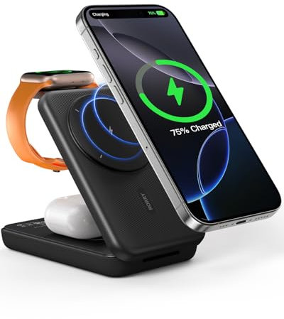 RORRY 3 in 1 Wireless Charging Station, 10000mAh Portable Powerbank for Magsafe iPhone 16/15/14/13/12, Magnetic Foldable Charger Stand for Apple Watch AirPods, PD 20W USB-C Power Bank for Samsung
