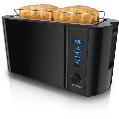 Arendo - Edelstahl Toaster Langschlitz 4 Scheiben - Defrost Funktion - wärmeisolierendes Gehäuse - mit integriertem Brötchenaufsatz - Krümelschublade - Display Restzeitanzeige - Klavierlack schwarz