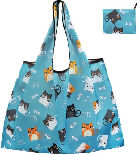 FenFang Einkaufstasche Faltbar Groß, Einkaufsbeutel Stoff Wiederverwendbare, Mehrwegtasche Umweltfreundlich Faltbare Tasche Leichte Schnelltrocknend für Einkauf Reise Ausflug (Blaue Katze)