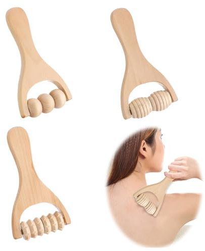 Deilonie 3 Pcs Wood Therapy Massage Tools, Wooden Hand Massage Roller, Muscle Roller Stick, Muscle Massage Tool, Wooden Roller Ball Massager for Relaxes Thigh, Leg, Hands