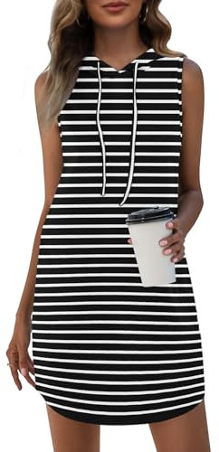 WNEEDU Sommerkleid Damen mit Kapuze Ärmelloses Sweatshirt Kleid mit Taschen Weiß Gestreift Schwarz L