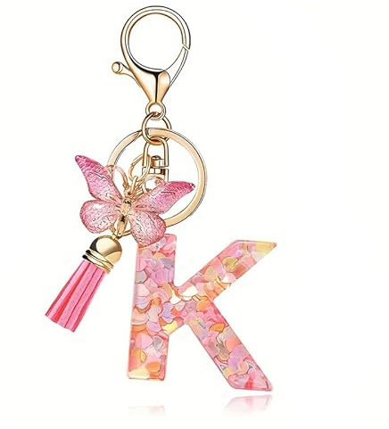 Porte clés avec Letter de l'alphabet,Porte Clé Alphabet K Initial Papillons Keyring Pendentif Feuille d'or Key Ring pour Femme Fille Personnalisée Lettres Keychain