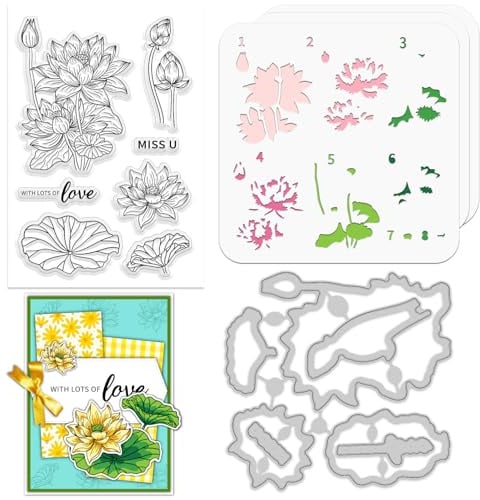 ORIGACH Lotus Layering Schablonenstempel Und Stanzset Zur Kartengestaltung Blumen Schablonenvorlage Silikon Stempel Und Metall Stanzformen Sets Für DIY Scrapbooking Fotoalbum Basteln