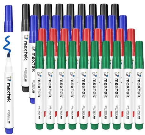 maxtek Whiteboard Marker, 36 Whiteboard Stifte Abwischbar, Rundspitze ca. 2mm Linienbreite, Trocken und Rückstandsfrei Abwischbar von Whiteboards, Set mit 4 Farben,für Schule Büro & Zuhause