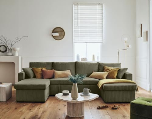 Bestmobilier - Canapé Panoramique en U Convertible avec Coffre Cyrus en Velours Côtelé - Canapé Lit - Grand Sofa XXL Vert 7 Places - Salon