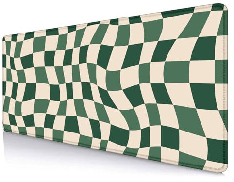 SXCKANG Sage Green Checkered Desk mat, Retro Boho Extra Large Mouse Pad, Abstract Wavy Desk Protector Pad, Minimal Pattern Aesthetic Writing Mat for Computer & Laptop Home Office, 31.5 X 11.8 in