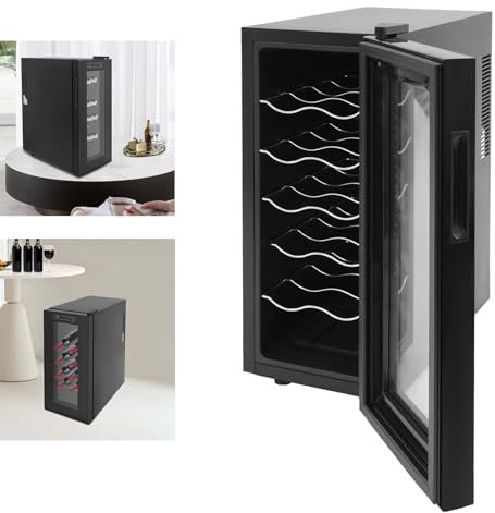 Zoobotanica Frigorífico para vino de 12 botellas/33 litros, pequeño con iluminación LED, mini nevera para vino, enfriador de vino, refrigerador con puerta transparente de cristal, protección UV