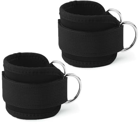 Ankle Straps for Cable Machine 1 Pair, Gym Wrist Cuff with Adjustable Neoprene Hook & Loop,Resistance Bands Attachment Double Stainless Steel D-Ring,Weight Lifting Curls Kickbacks Hip Abductor (Black)