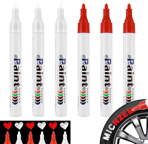 Penriter 6 Piezas Marcador para Neumáticos, Rotulador Permanente Blanco Rojo, Rotuladors Impermeable para Neumáticos de Coche, Rotulador Ruedas para piedra madera vidrio cerámica lona neumáticos