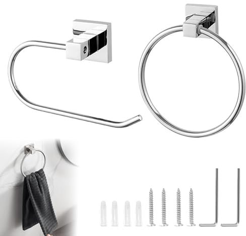 Chrome Toilet Roll Holder Set – 2 Pieces Toilet Paper Holder and Towel Ring, Wall Mounted Bathroom Accessories, 304 Stainless Steel Waterproof Rust Resistant Towel Holder & Toilet Paper Holder