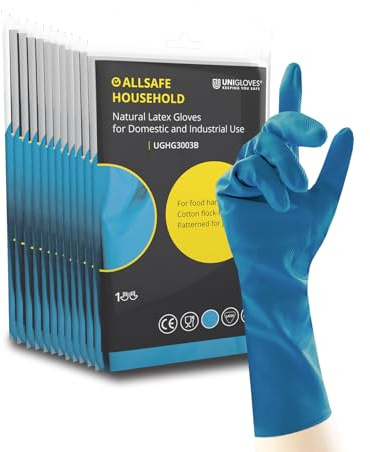 UNIGLOVES Allsafe Household Blue - Latex Reusable Household Gloves for Cleaning, Washing up and Food Processing - 12 Pairs - Size M